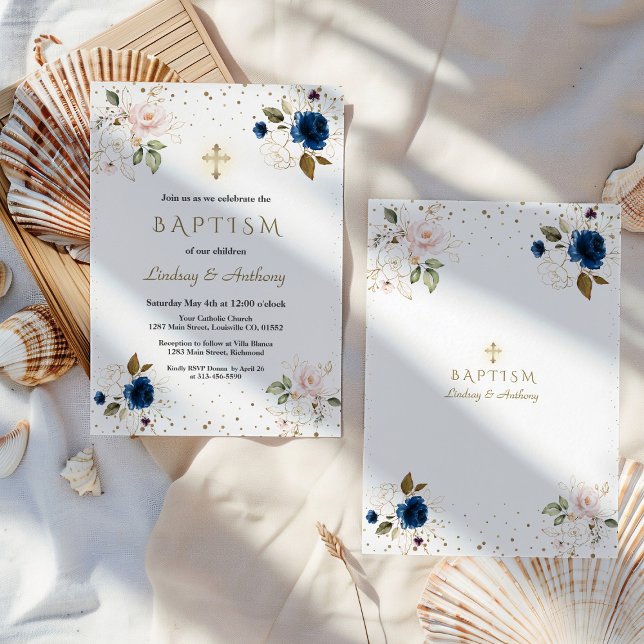 Rosa blaue Blütenblume Gold Cross Twins Taufe Einladung (Von Creator hochgeladen)