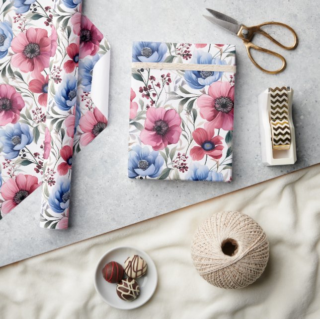 Rosa blaue botanische Blüten Geschenkpapier  (Kunsthandwerk)