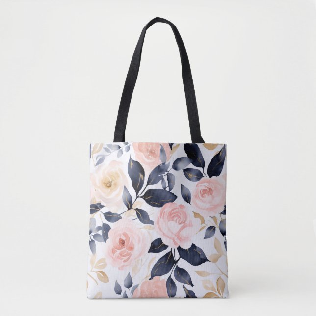 Rosa Blaue Chic Blumen Tasche (Vorderseite)