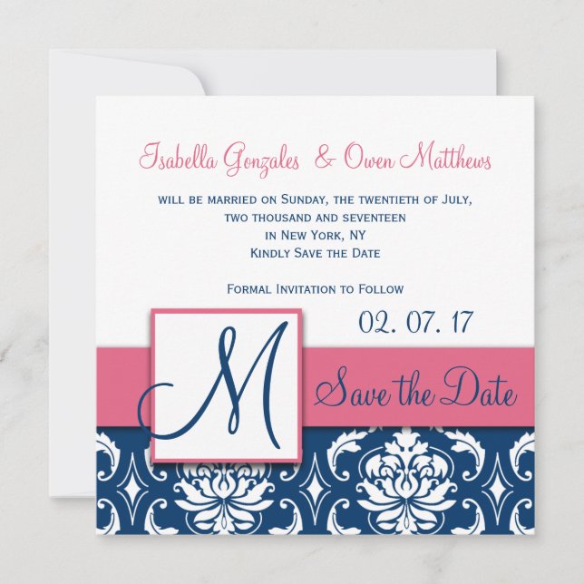 Rosa blaue Damaske Monogram Save the Date (Vorderseite)