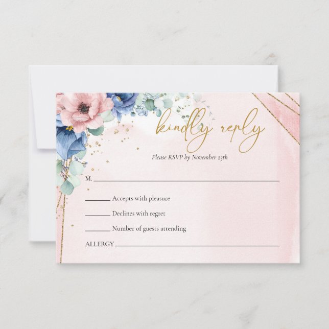 Rosa-blaue Eukalyptus-rsvp-Karte RSVP Karte (Vorderseite)