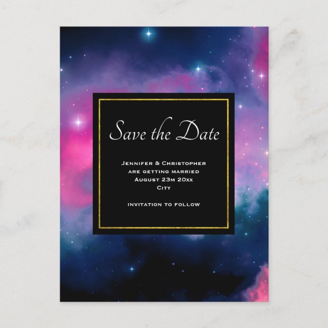 Rosa & blaue Galaxie & Sterne Save the Date Abstra Postkarte (Vorderseite)