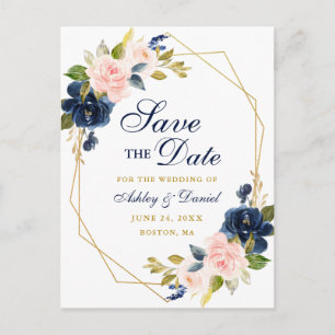 Rosa blaue Goldrahmen-Save the Date mit Ankündigungspostkarte