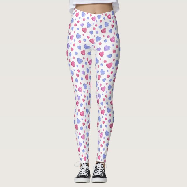 Rosa, blaue Herzen auf weißem Hintergrund. Leggings (Vorderseite)