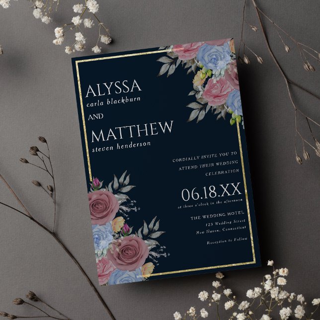 Rosa blaue Hochzeitsnacht mit Blumen Einladung (Gold pink navy blue watercolor floral wedding invitation )