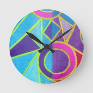 Rosa blaue lila abstrakte Kunst-geometrischer Runde Wanduhr