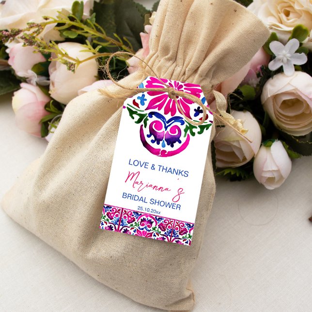 Rosa blaue mexikanische Fliesen Brautparty bevorzu Geschenkanhänger (Pink and blue Talavera Mexican tiles pattern bridal shower favor gift tags modern watercolor tiles)