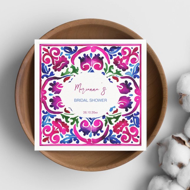 Rosa blaue mexikanische Fliesen - Brautparty Serviette (Magenta pink blue Mexican Spanish Talavera tiles bridal shower tableware personalized napkins fiesta)