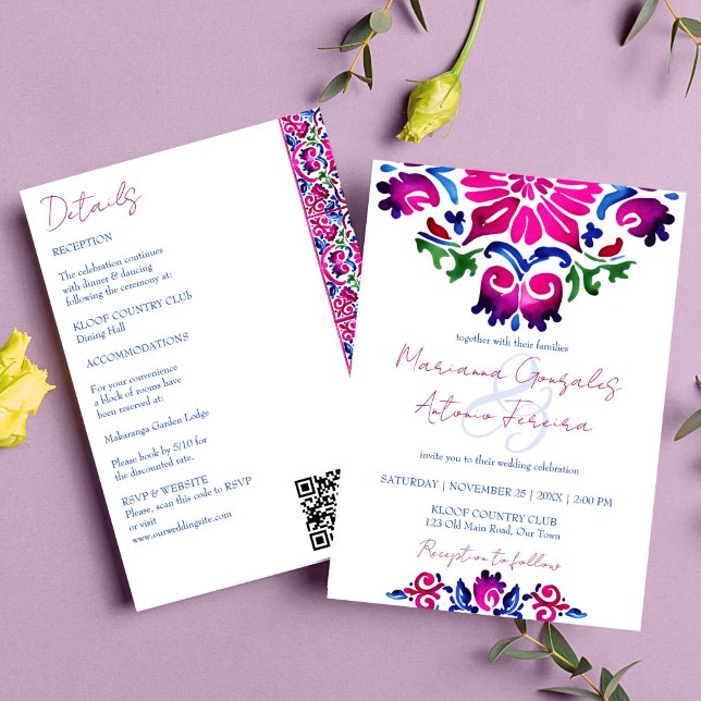 Rosa blaue mexikanische Fliesen in einer Hochzeit Einladung (Pink blue Mexican Talavera tiles wedding all in one editable template invitation watercolor tiles)