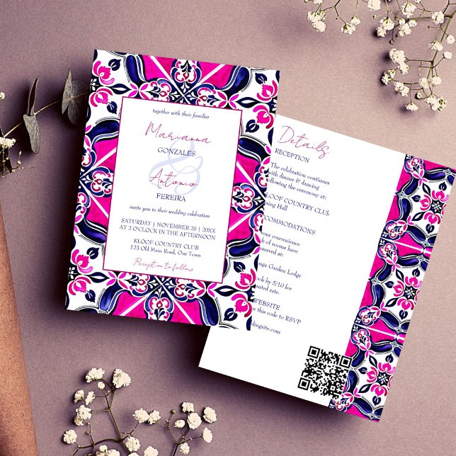 Rosa blaue mexikanische Kachel in einer Hochzeitsv Einladung (Pink blue Mexican Talavera Majolica tile all in one wedding template invitation digital download)