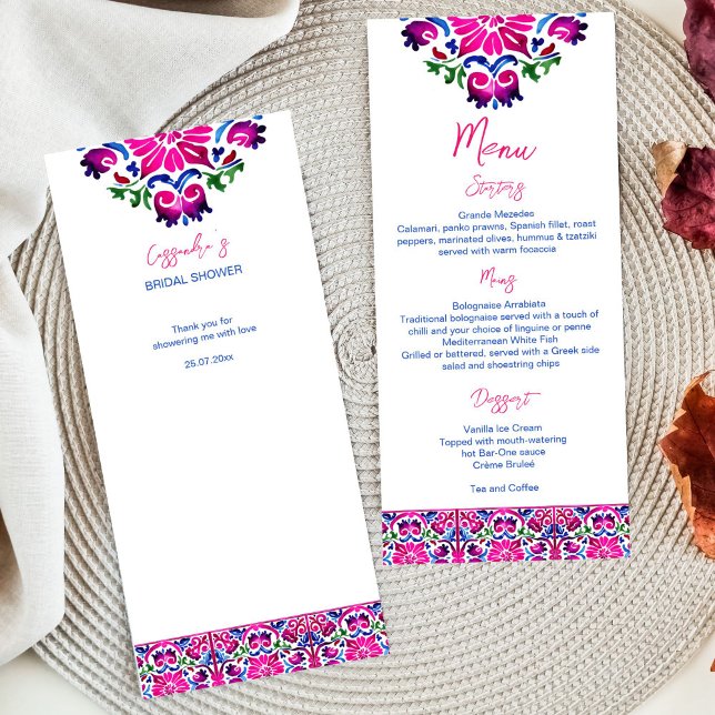Rosa blaue mexikanische Talavera-Fliesen Menükarte (Pink magenta blue Mexican Talavera tiles pattern bridal shower wedding menu card bright colorful)