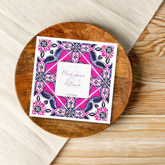 Rosa blaue mexikanische Tischtennisplatte Serviette (Pink blue Mexican tile personalized wedding tableware template Napkins wedding reception decor)