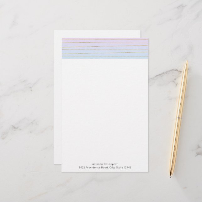 Rosa blaue Ombre mit goldenen Linien Briefpapier (Vorderseite/Rückseite Beispiel)