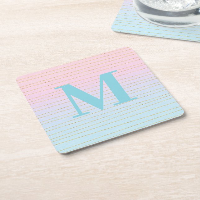 Rosa blaue Ombre mit Goldlinien Monogram Rechteckiger Pappuntersetzer (angewinkelt)