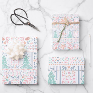 Rosa Blaue Pastell-Weihnachtsbaum Retro Geschenkpapier Set