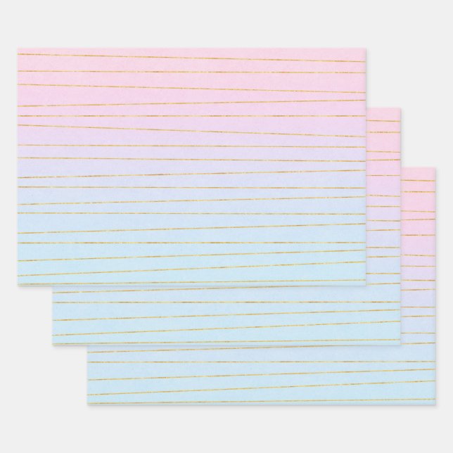 Rosa blaue Pastellfarben Gradient mit goldenen Lin Geschenkpapier Set (Set)
