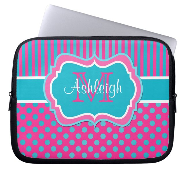 Rosa blaue Polka-Punkte gestreift Laptop-Sieb Laptopschutzhülle (Vorderseite)
