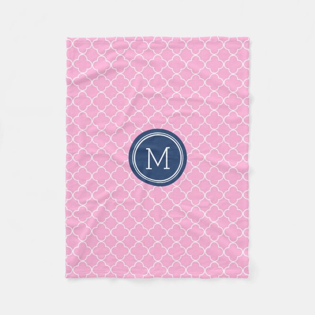 Rosa blaue Quatrefoil Muster-Monogramm-Decke Fleecedecke (Vorderseite)