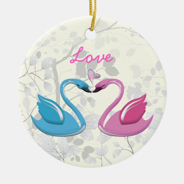 Rosa blaue Schwanenherz-Liebe mit Sake-Verzierung Keramik Ornament (Vorne)