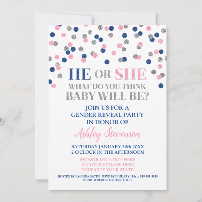 Rosa blaue Silber Konfetti Gender Reveal Dusche Einladung (Rückseite)