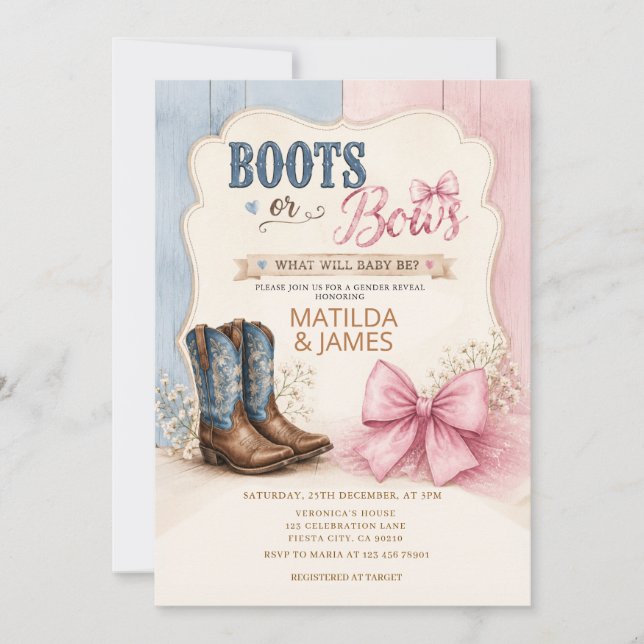 Rosa blaue Stiefel oder Schleifen Geschlechtsenthü Einladung (Vorderseite)
