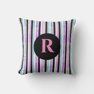 Rosa blaue Textur Streifen Muster Monogramm Kissen