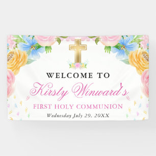 Rosa, blaue und gelbe Blumen Erste heilige Kommuni Banner
