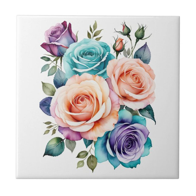 Rosa, blaue und violette Rosen Fliese (Vorderseite)