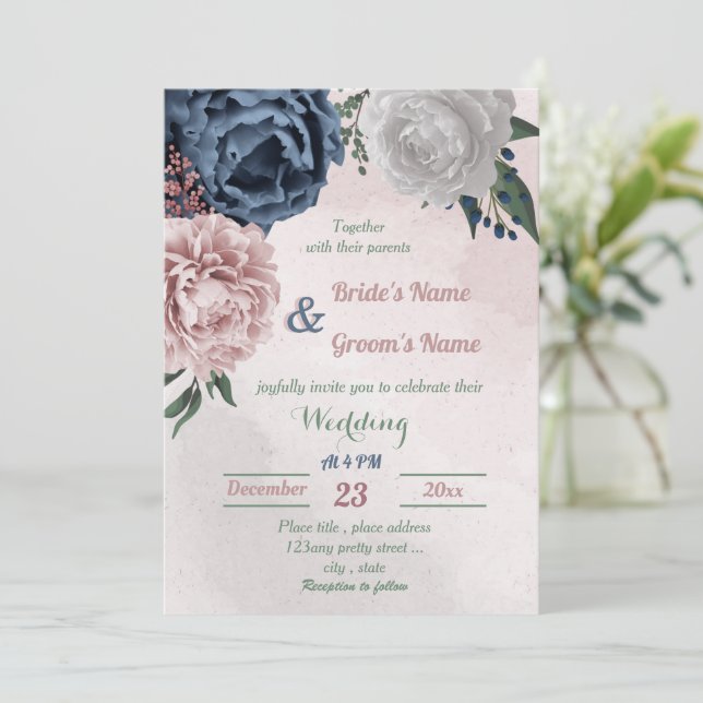 Rosa blaue und weiße Blumengrün Hochzeit Einladung (Stehend Vorderseite)