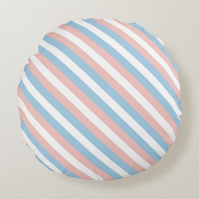 Rosa, blaue und weiße Diagonalstreifen Rundes Kissen (Vorderseite)
