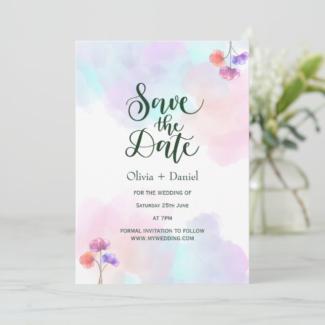 Rosa blaue Wasserfarbe Hochzeit Sichern Sie das Da Einladung (Stehend Vorderseite)