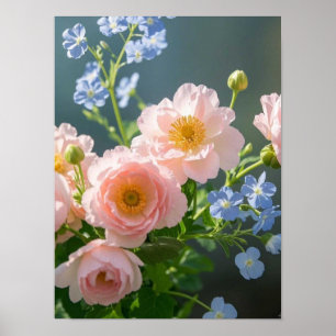 Rosa Blaue zarte Blumen Poster