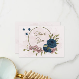 Rosa blauen Blumen botanische Hochzeit Dankeskarte