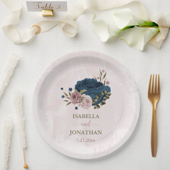 Rosa blauen Blumen botanische Hochzeit Pappteller (Hochzeit)