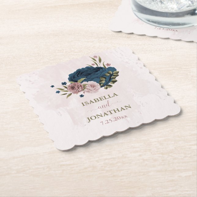 Rosa blauen Blumen botanische Hochzeit Untersetzer (angewinkelt)