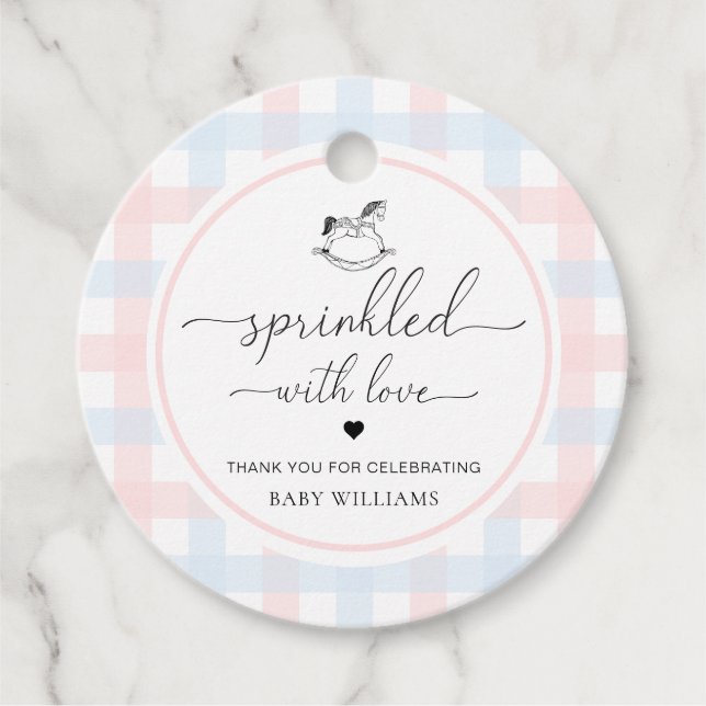 Rosa Blauer Gingham Pferd gesprinklt mit Liebe Geschenkanhänger (Vorderseite)