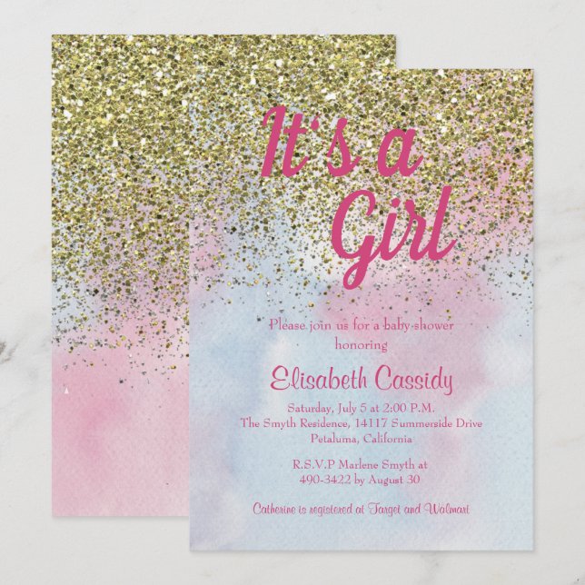 Rosa Blauer Glitzer Sprinkle Babydusche Einladung (Vorne/Hinten)