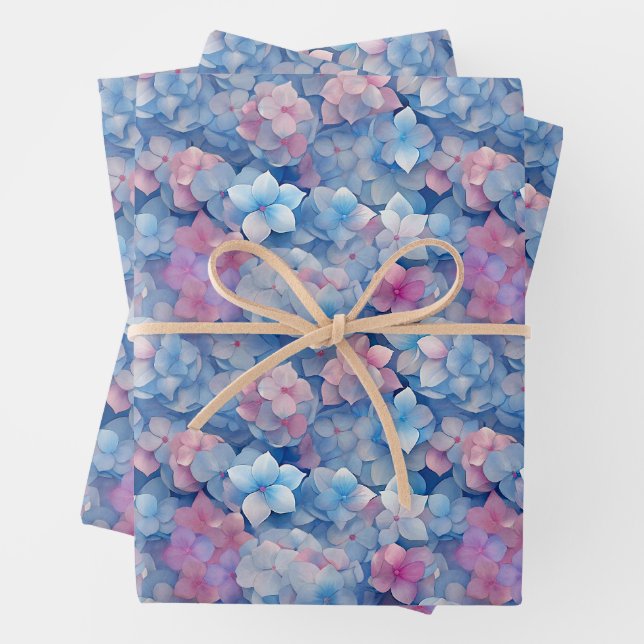 Rosa Blauer Hydrangeas Blütenblümchen im Blut Geschenkpapier Set (Beispiel)