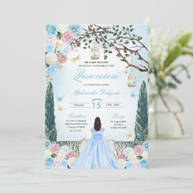 Rosa & Blauer Prinzessin Verzauberter Garten Quinc Einladung (Stehend Vorderseite)