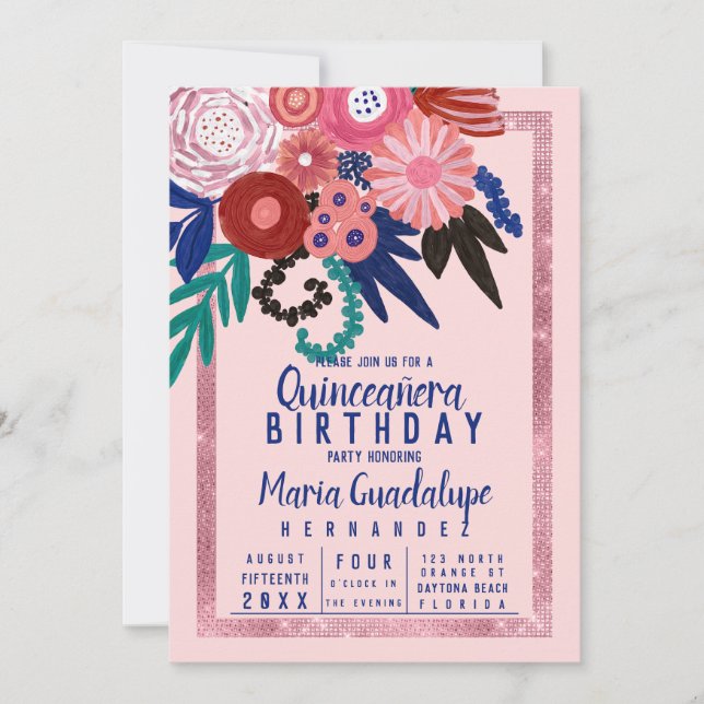 Rosa Blauer Roter Glitzer Floral Acrylic Quinceañe Einladung (Vorderseite)