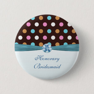 Rosa, blauer, weißer Tupfen Ehrenbrautjungfer Button