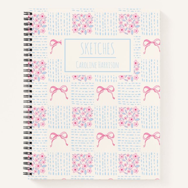 Rosa blaues Coquette Bows Blume Personalisiert Nam Notizbuch (Vorderseite)