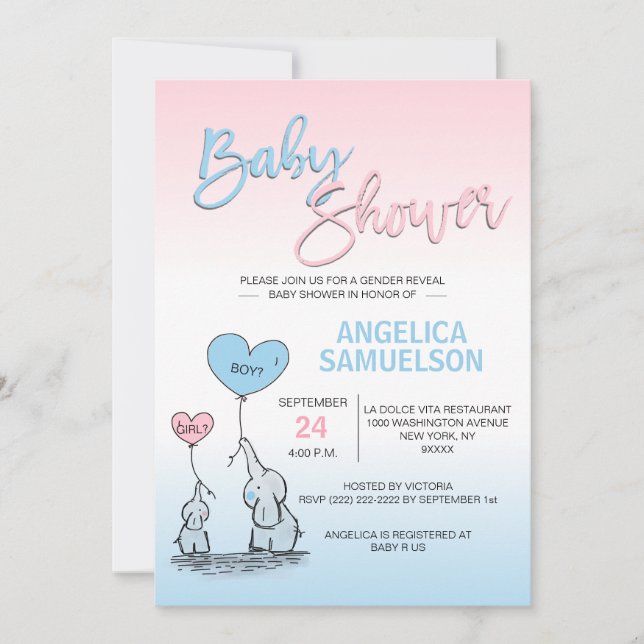 Rosa blaues Geschlecht decken Elefant-Babyparty Einladung (Vorderseite)