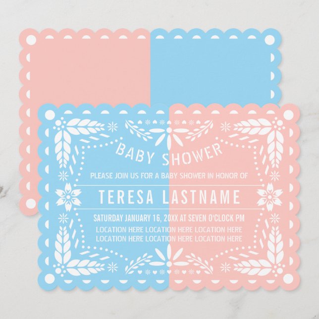 Rosa, blaues Geschlecht offenbaren Papel Picado Ba Einladung (Vorne/Hinten)