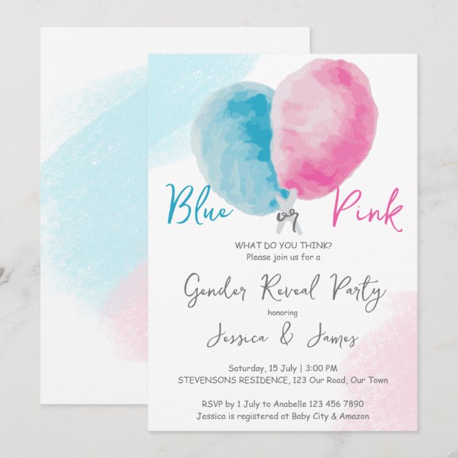 Rosa blaues Geschlecht offenbart Party laden blau  Einladung (Vorne/Hinten)