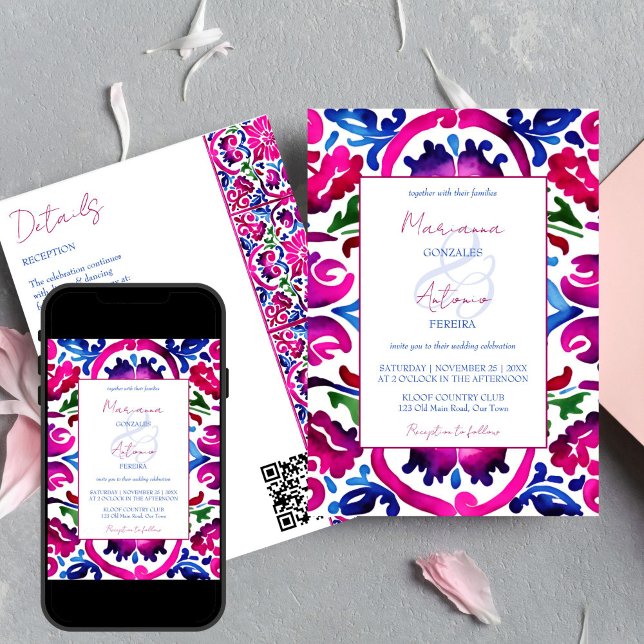 Rosa blaues mexikanisches Talavera-Fliesen Hochzei Einladung (Pink blue Mexican Talavera tiles editable wedding template invitation digital download all in one QR)