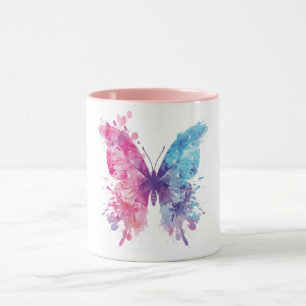 Rosa & Blaues Wasserfarben-Schmetterling T-Shirt – Tasse
