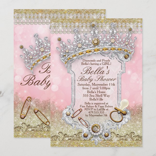 Rosa Bling Glitzer Kinderdusche Einladungen (Vorne/Hinten)