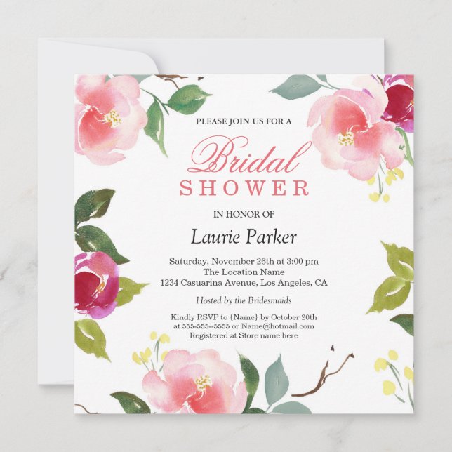 Rosa Blossom Botanische Bridal Dusche Einladung (Vorderseite)
