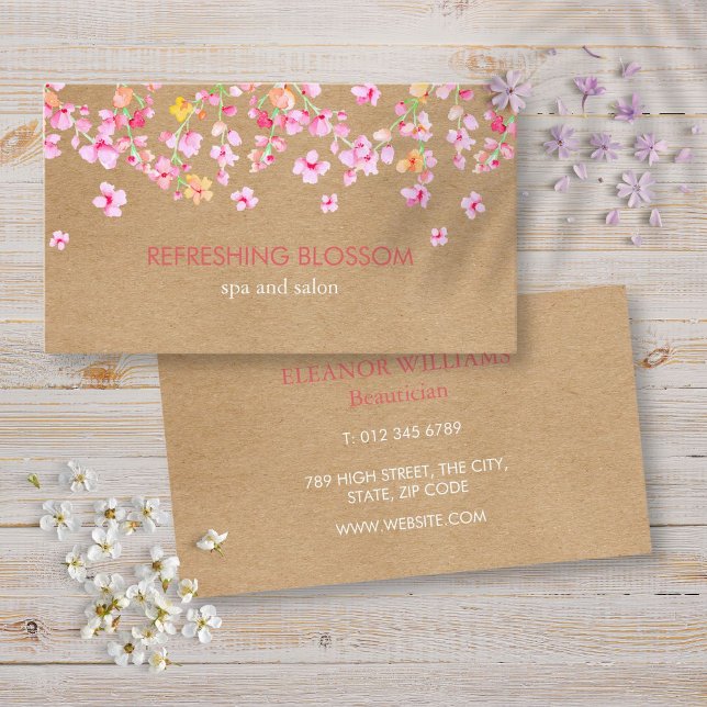 Rosa Blossom Elegant Moderne rustikale Kraft Visitenkarte (Pink Blossom Elegant Modern Rustic Kraft Business Card)